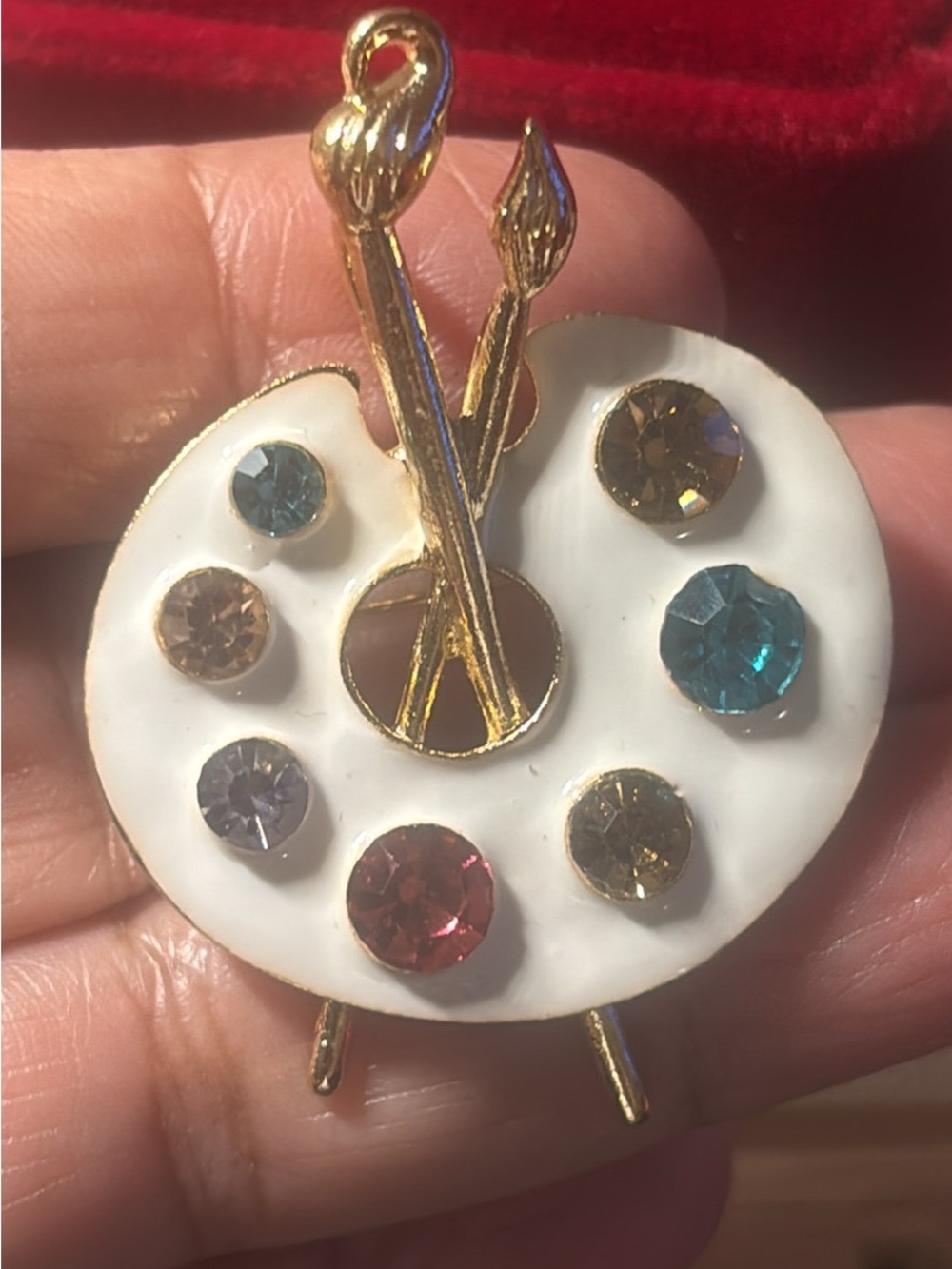 Gold-Tone Artist Palette Brooch with White Enamel and Multicolor Crystals